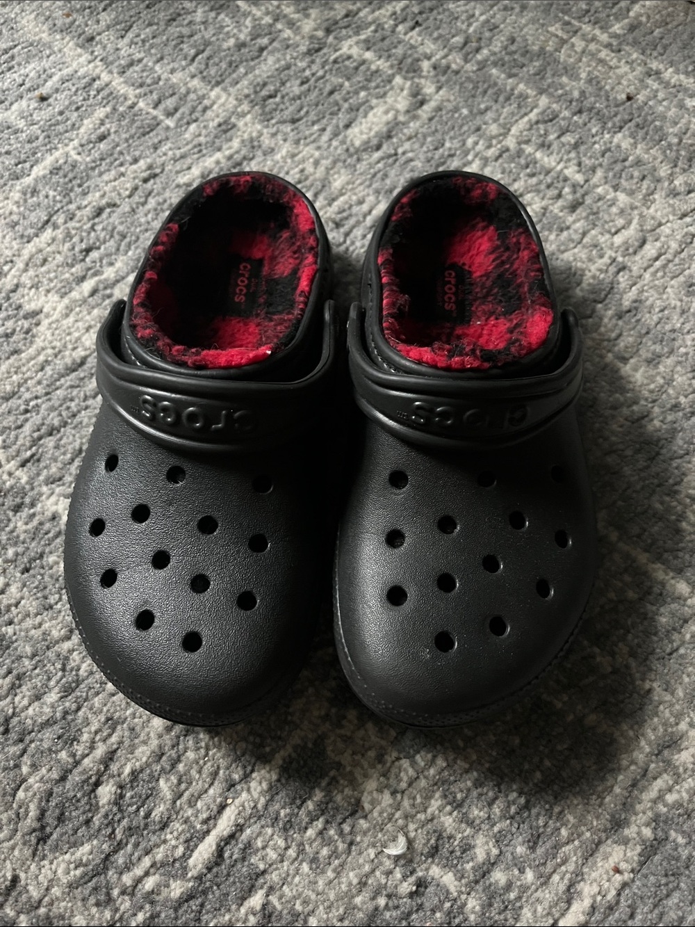 CROCS Kids Black Clog with Red Plaid Lining